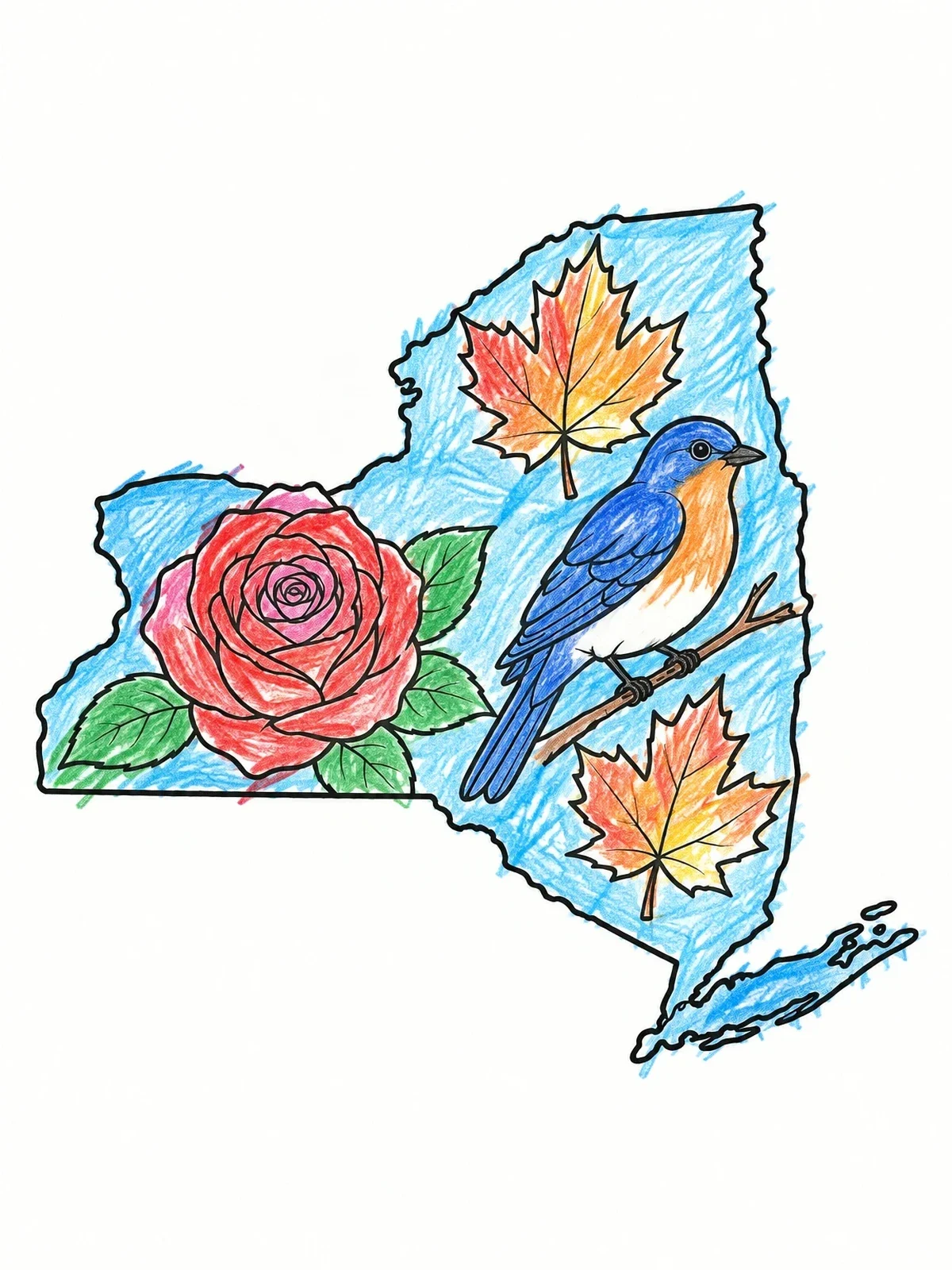 Colored example of the New York State Map And Symbols coloring page