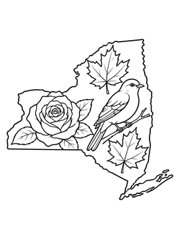 An outline of New York in this new york state symbols coloring page featuring a rose and bluebird.