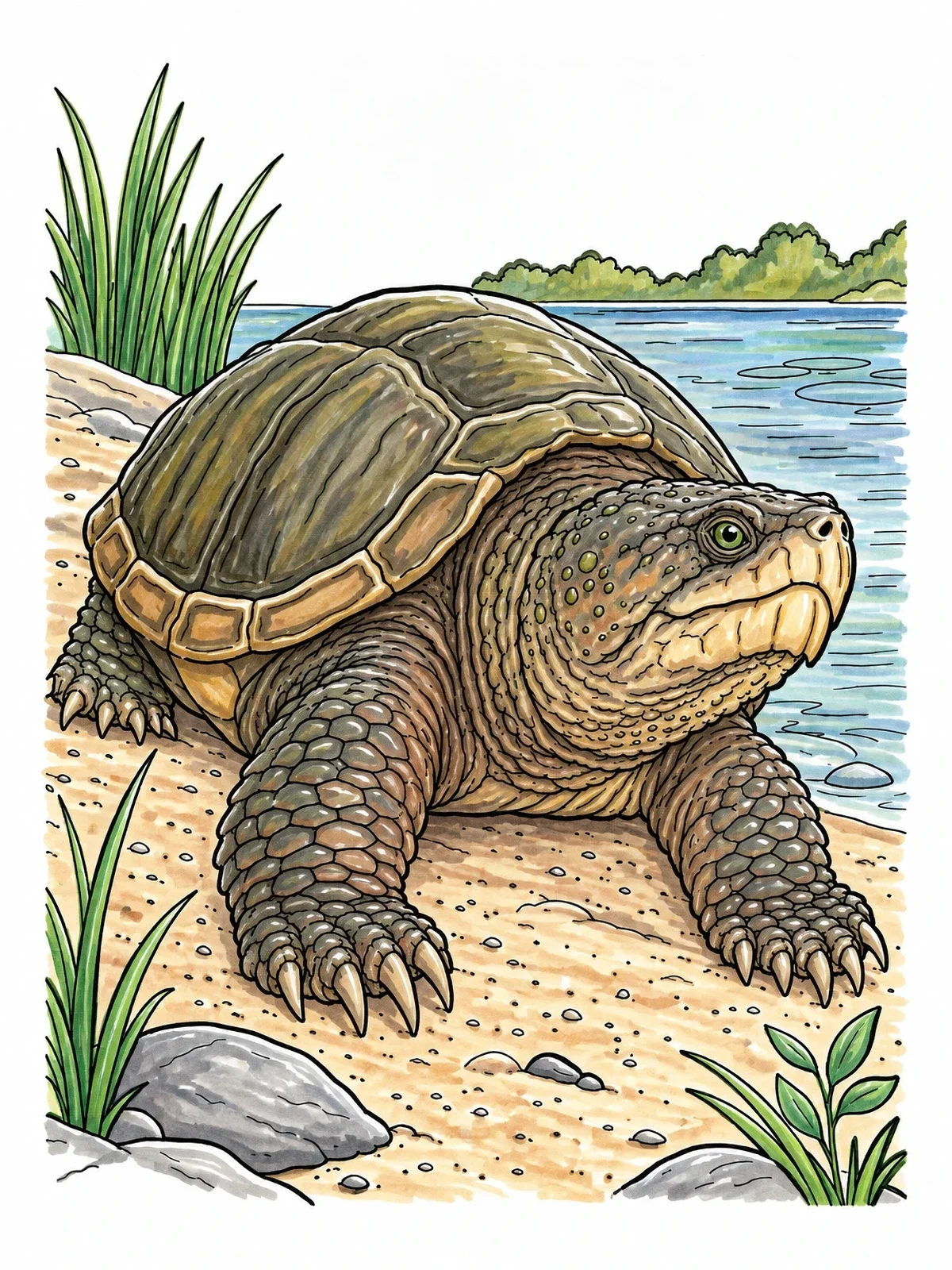 Colored example of the Common Snapping Turtle By Pond coloring page