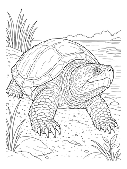Realistic snapping turtle crawling on a pond shore in this new york state symbols coloring page.