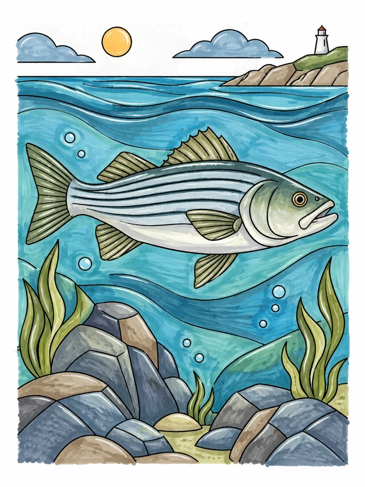 Colored example of the Striped Bass In Coastal Waters coloring page