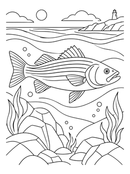 A detailed new york state symbols coloring page featuring a striped bass swimming over a rocky seabed.