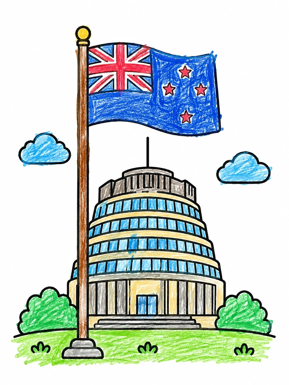 Colored example of the New Zealand Flag And Beehive Building coloring page