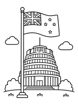Free printable New Zealand Flag And Beehive Building coloring page