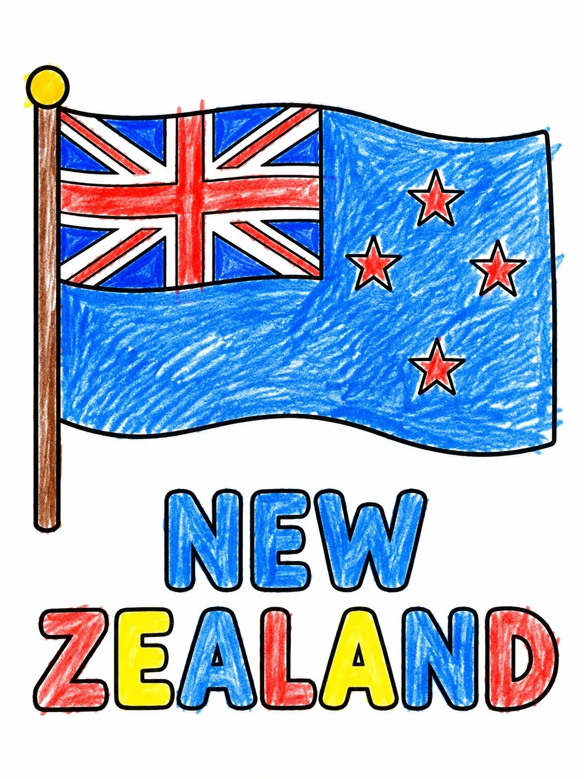 Colored example of the New Zealand Flag With Country Name coloring page
