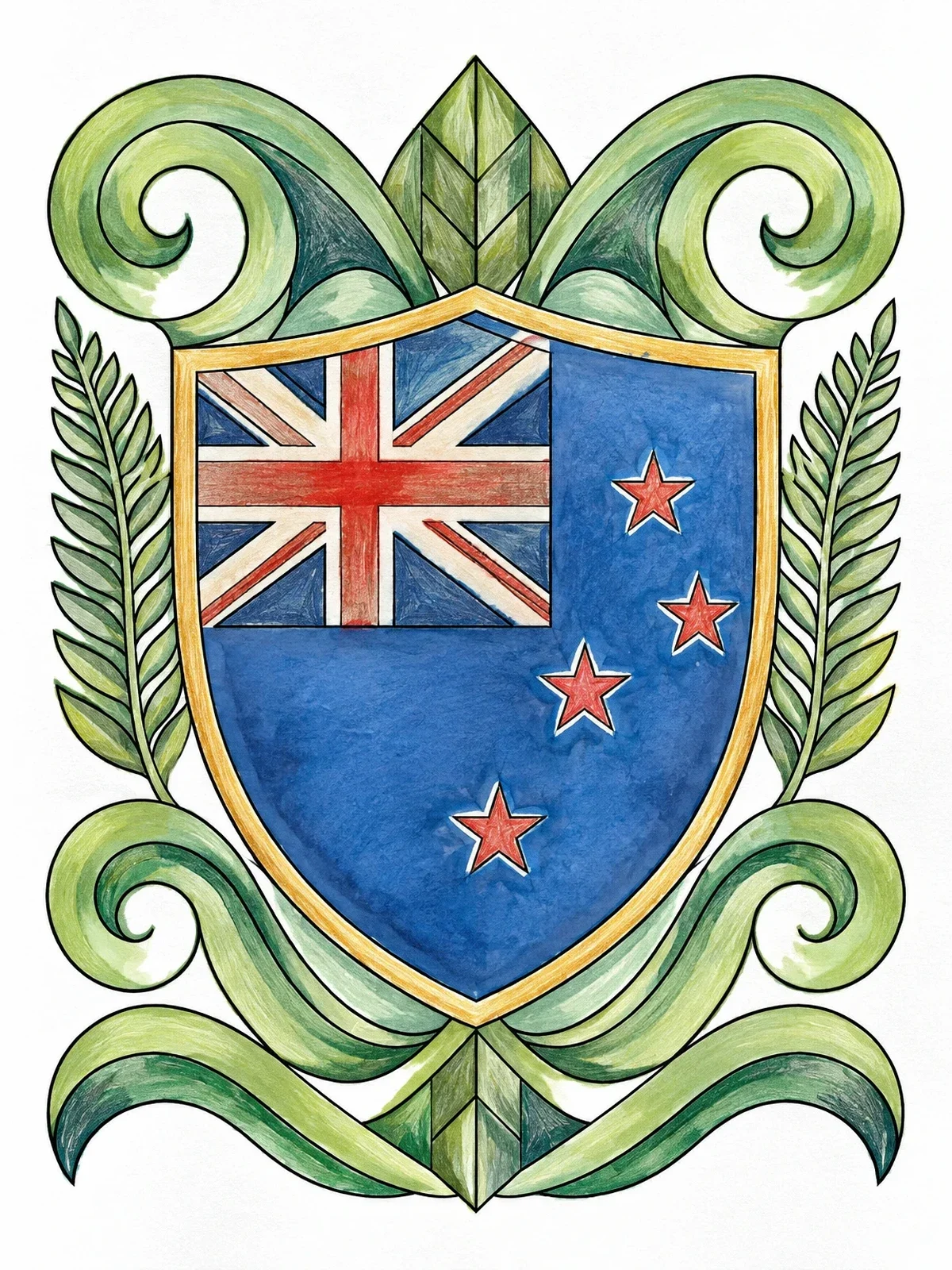 Colored example of the New Zealand Flag Heraldic Shield coloring page