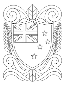 An ornate new zealand coloring page displaying a decorative shield with the national flag and fern leaves.