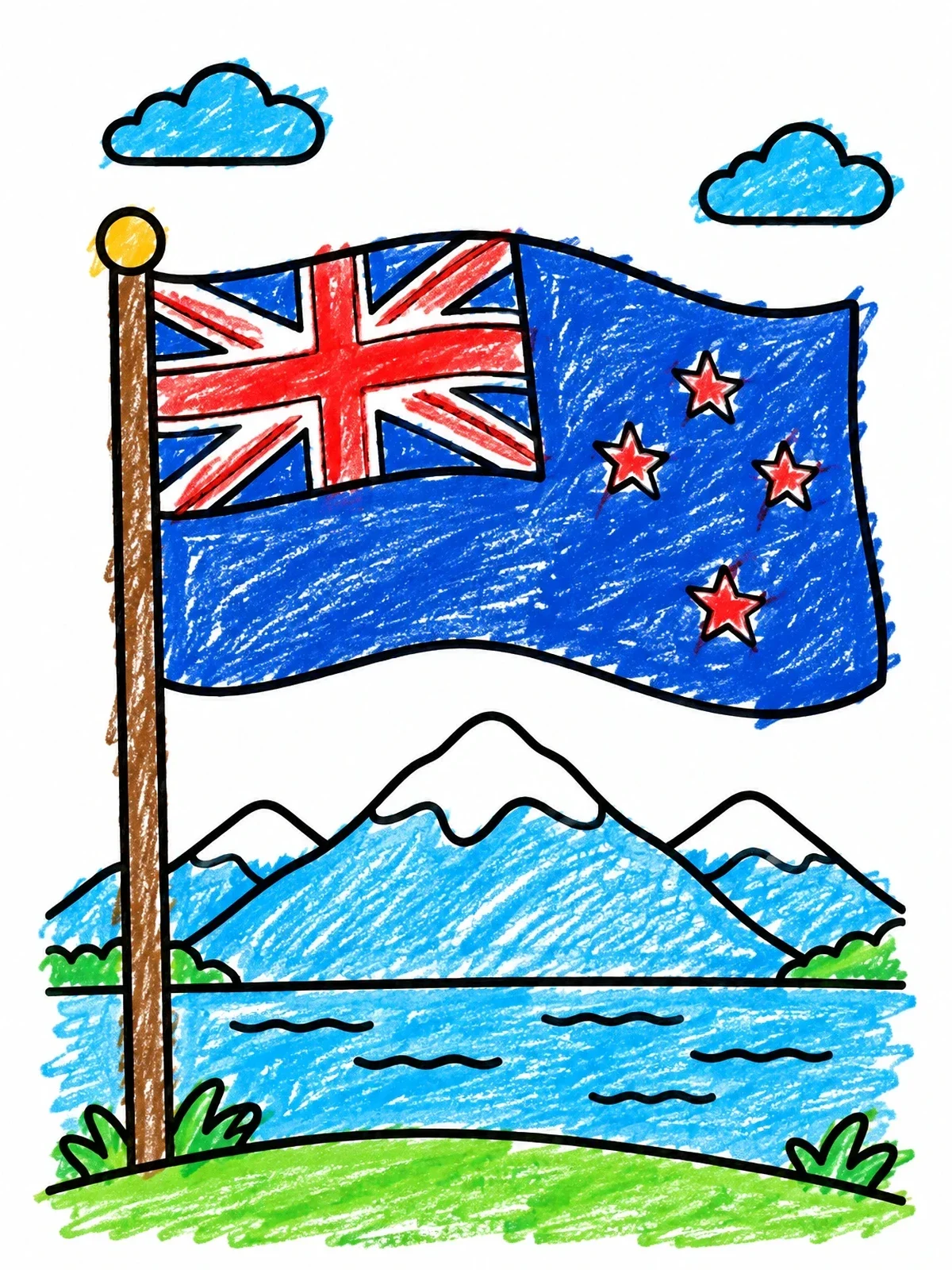 Colored example of the New Zealand Flag And Snowy Mountains coloring page