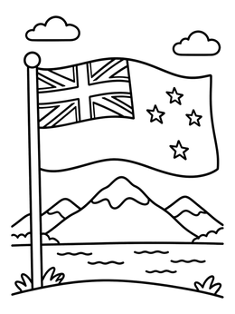 Free printable New Zealand Flag And Snowy Mountains coloring page