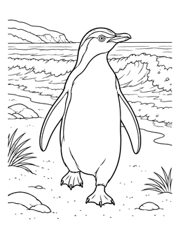 A yellow-eyed hoiho penguin walks on the shore in this New Zealand coloring page.