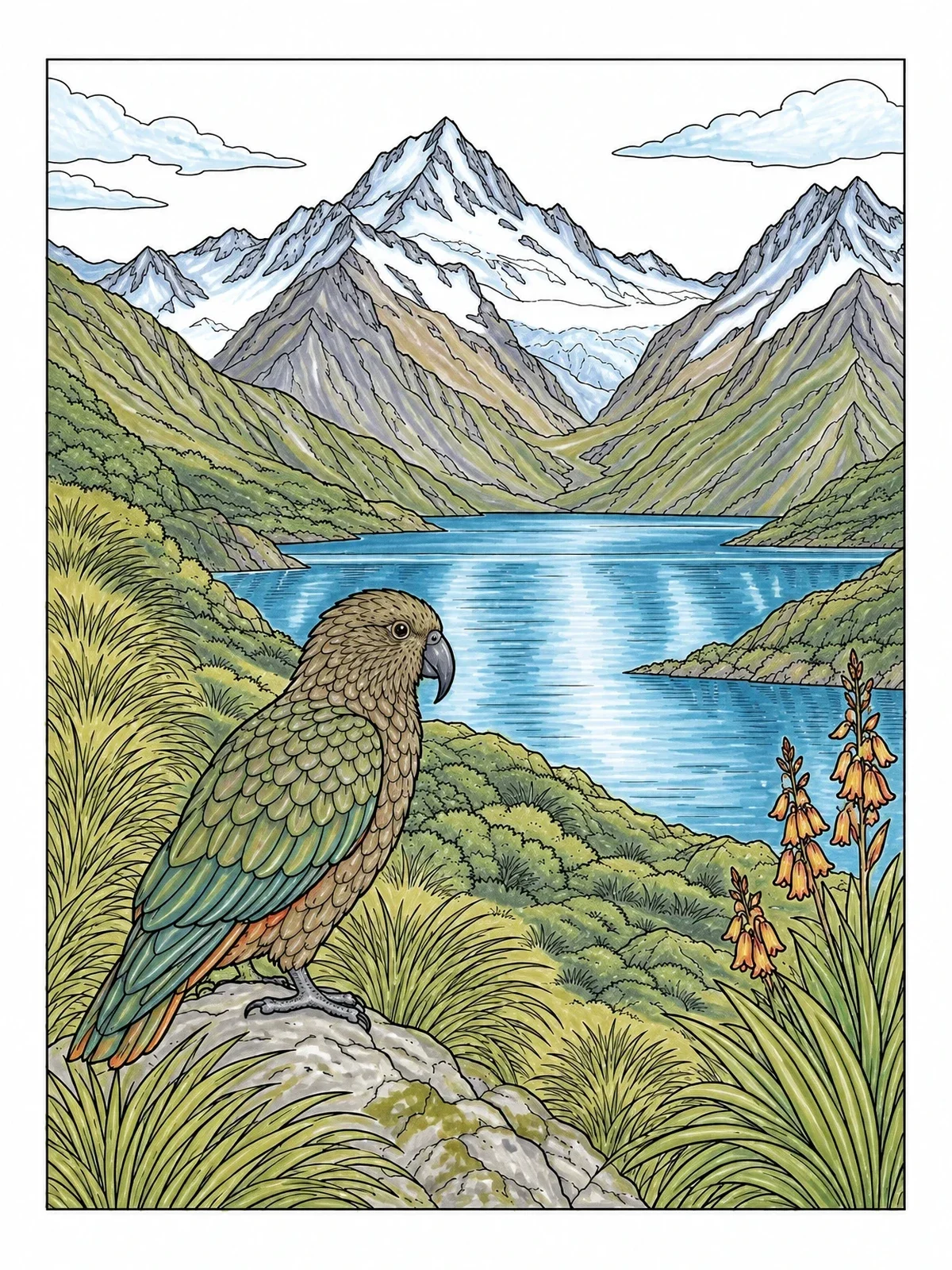 Colored example of the Kea Parrot In Alpine Lake Valley coloring page
