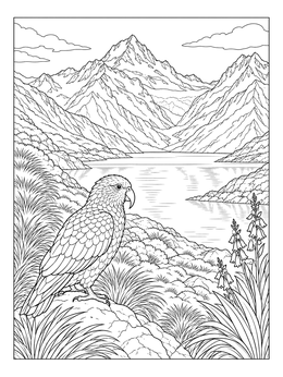 A native kea parrot rests above a scenic alpine lake in this new zealand coloring page.