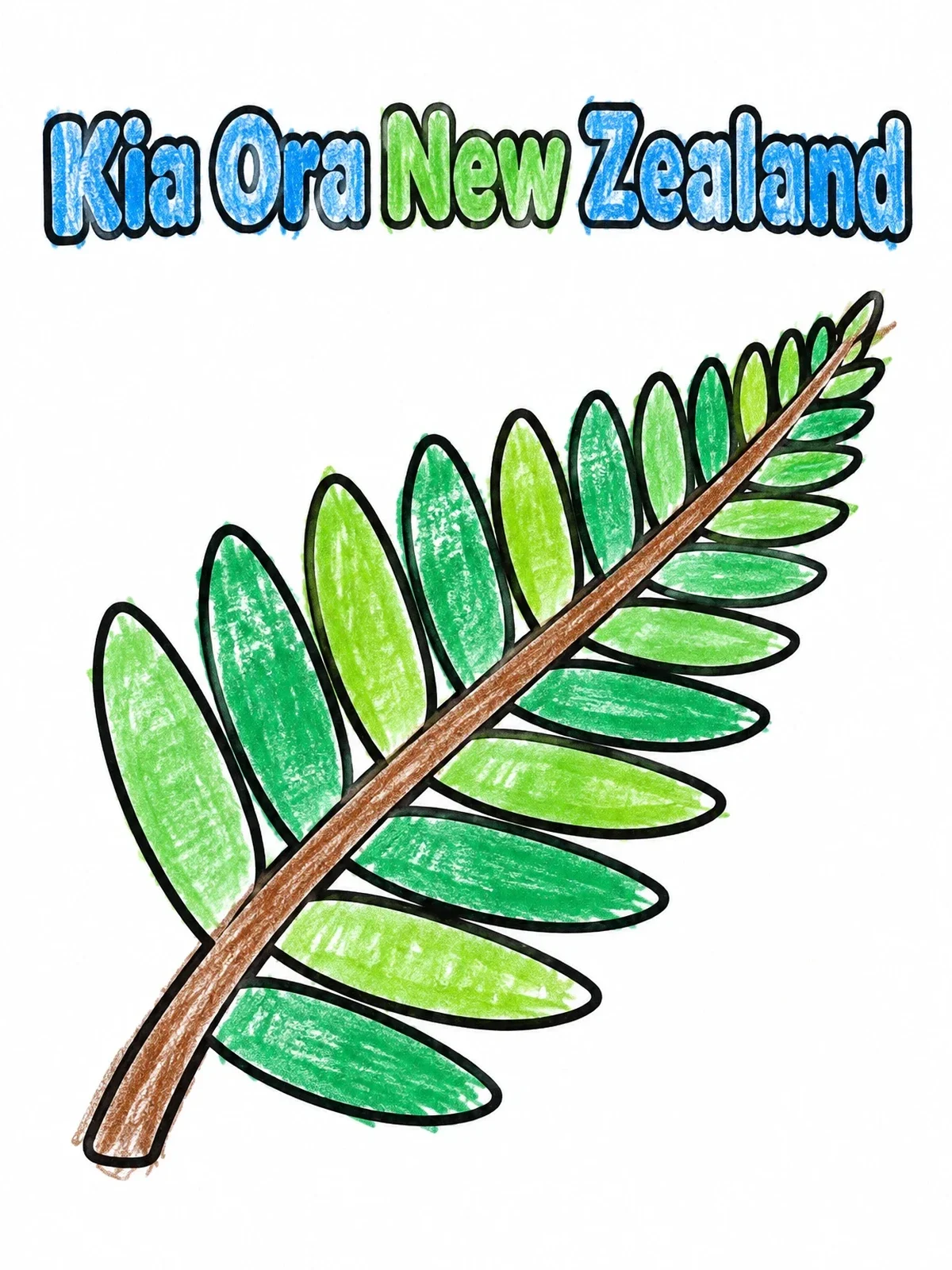Colored example of the Kia Ora New Zealand Silver Fern coloring page