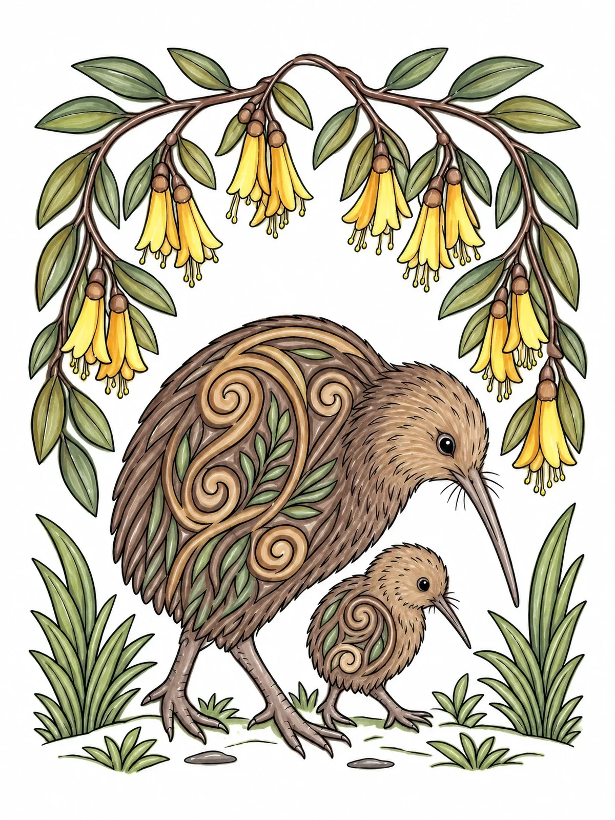 Colored example of the Kiwi Bird And Chick Under Kowhai Flowers coloring page
