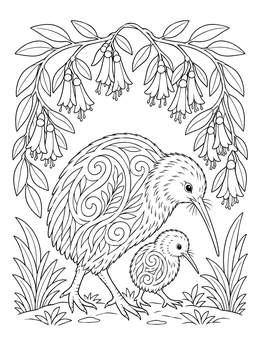 An adult kiwi and chick beneath kowhai blossoms in this detailed New Zealand coloring page.