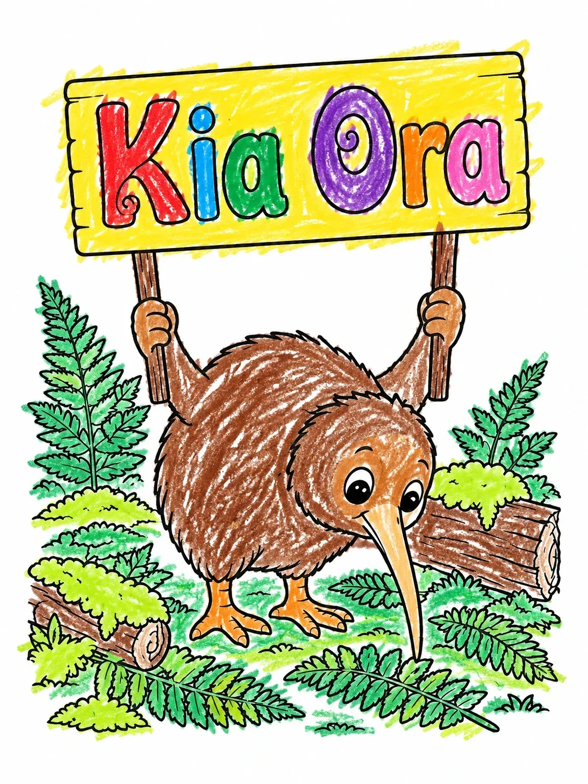 Colored example of the Kiwi Bird Holding Kia Ora Sign coloring page