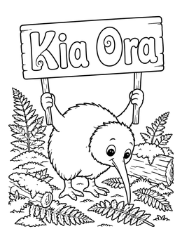 Free printable Kiwi Bird Holding Kia Ora Sign coloring page