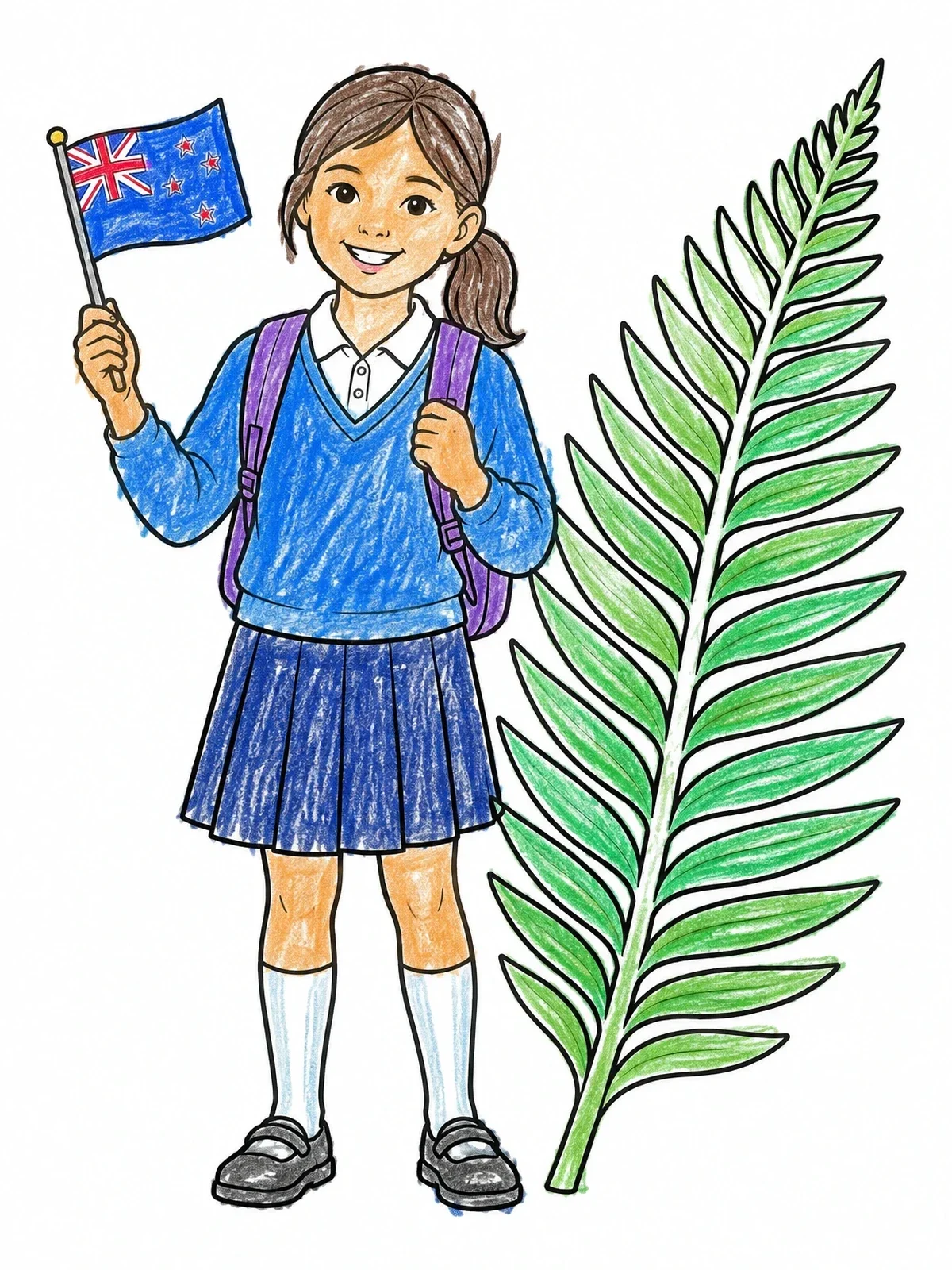 Colored example of the Kiwi Student With Silver Fern coloring page