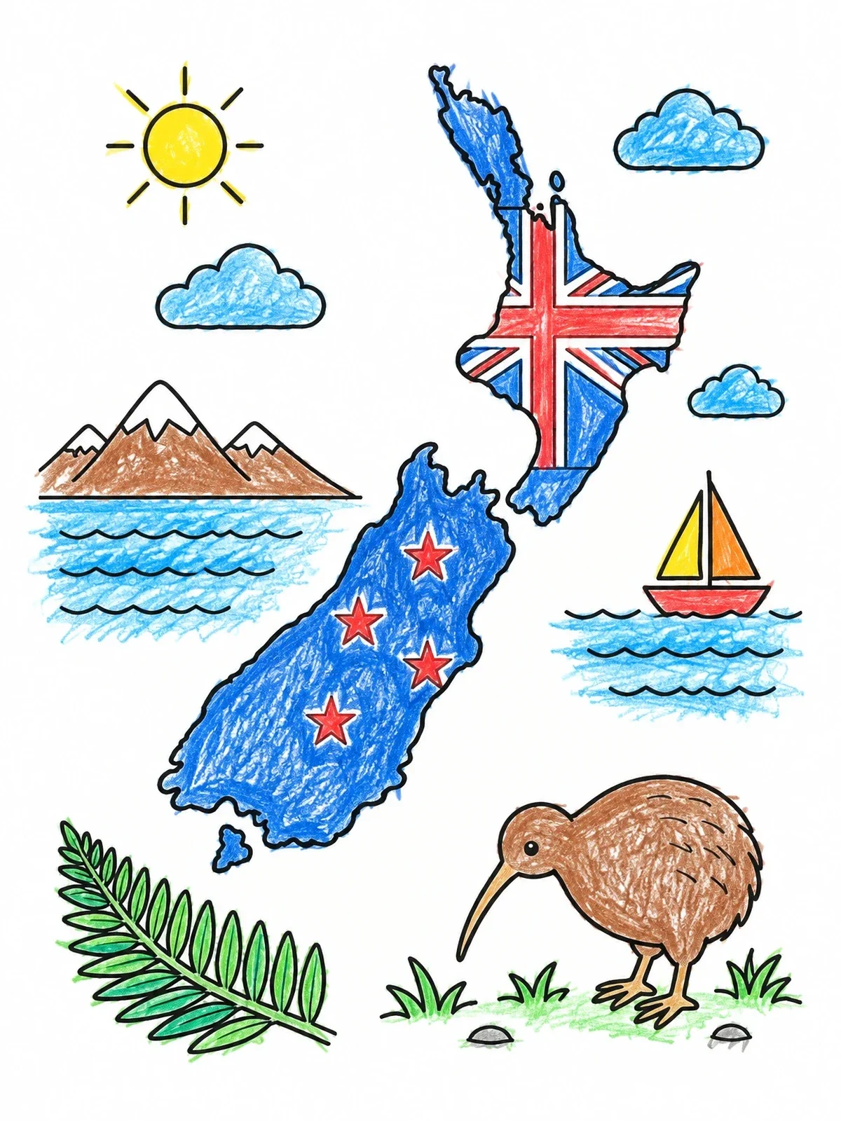 Colored example of the New Zealand Map With Kiwi Bird coloring page