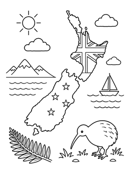 Free printable New Zealand Map With Kiwi Bird coloring page