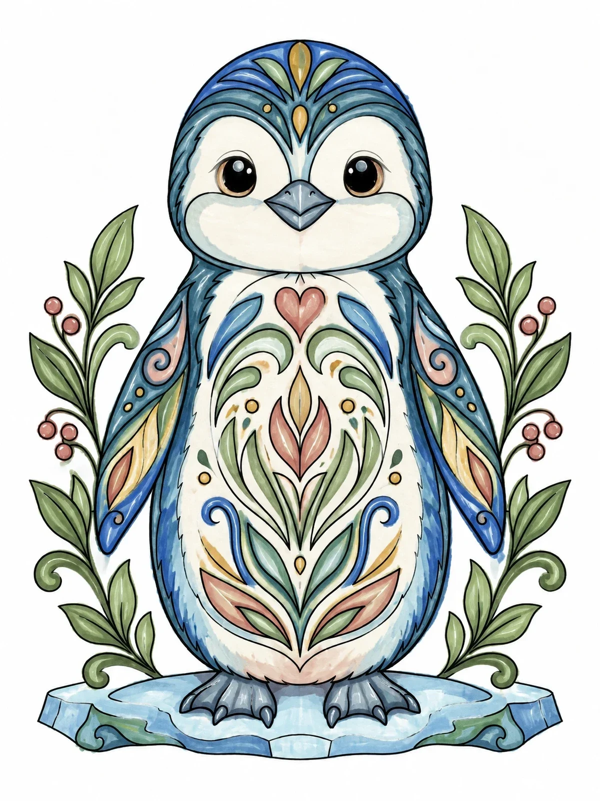 Colored example of the Ornate Little Penguin With Botanical Accents coloring page