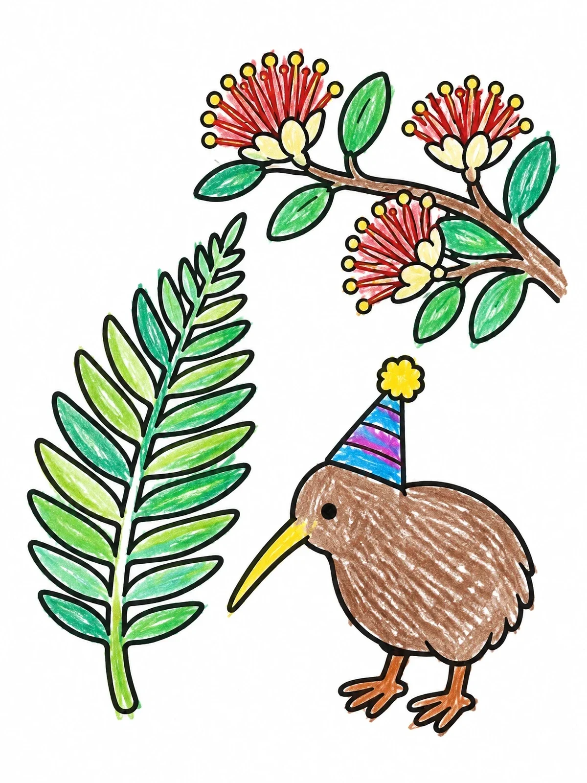 Colored example of the Party Kiwi With Fern And Pohutukawa coloring page