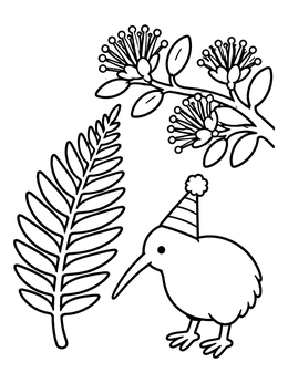 Free printable Party Kiwi With Fern And Pohutukawa coloring page