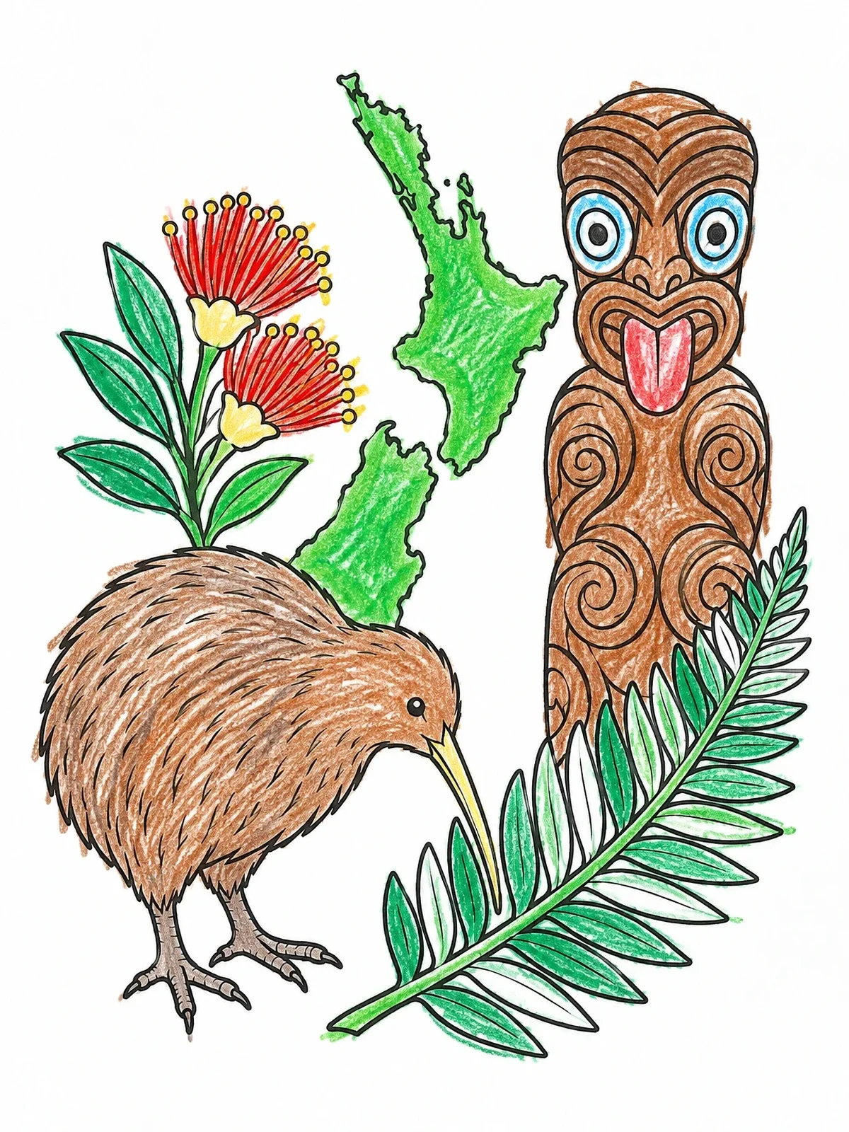 Colored example of the New Zealand Symbols And Kiwi Bird coloring page