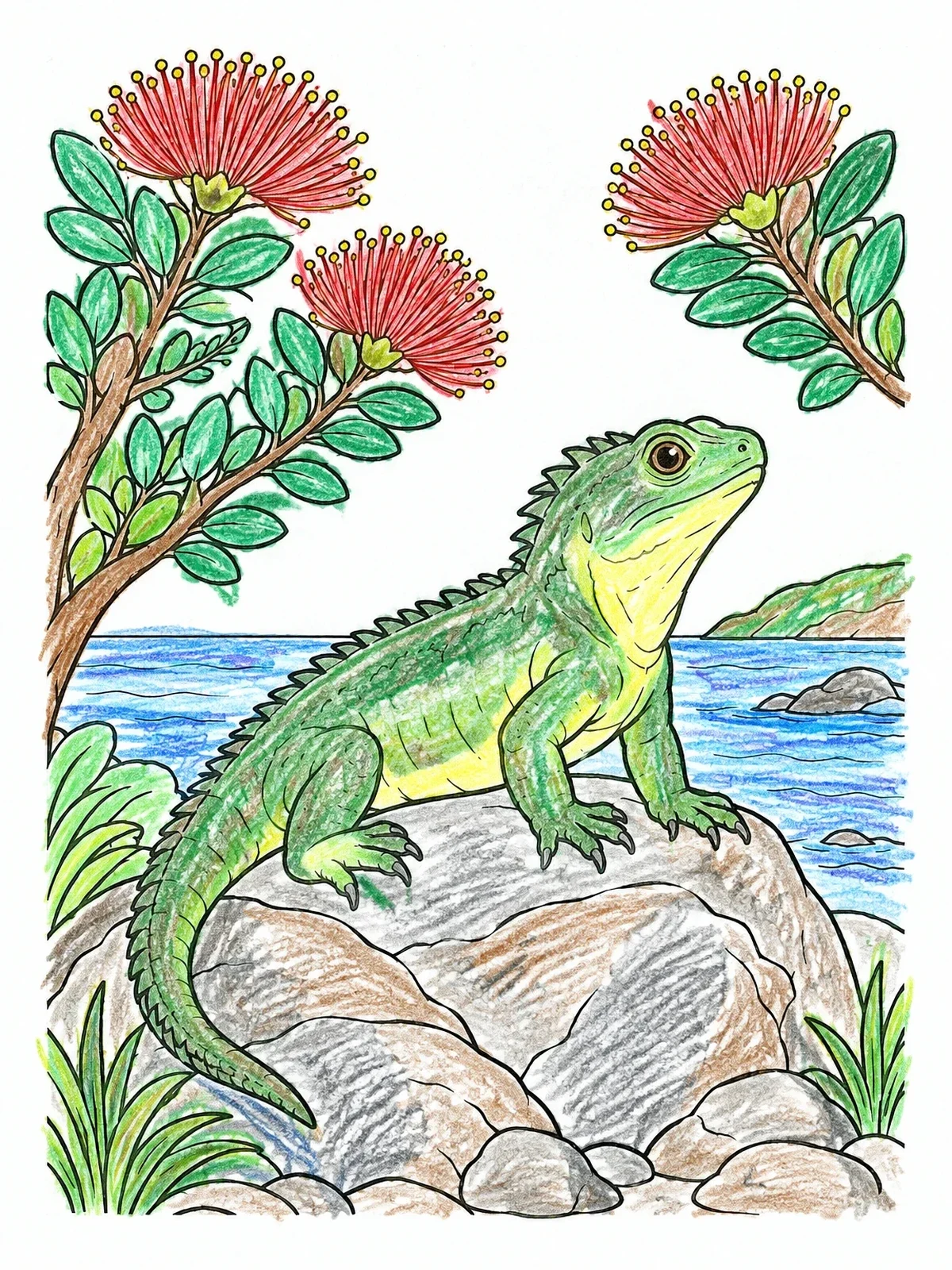 Colored example of the Tuatara On Coastal Boulder coloring page