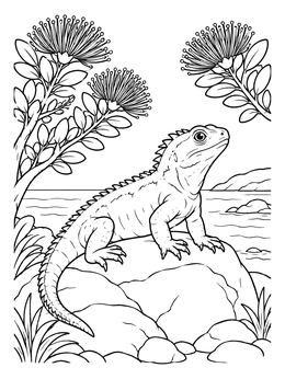 A tuatara rests on a seaside rock in this detailed new zealand coloring page.