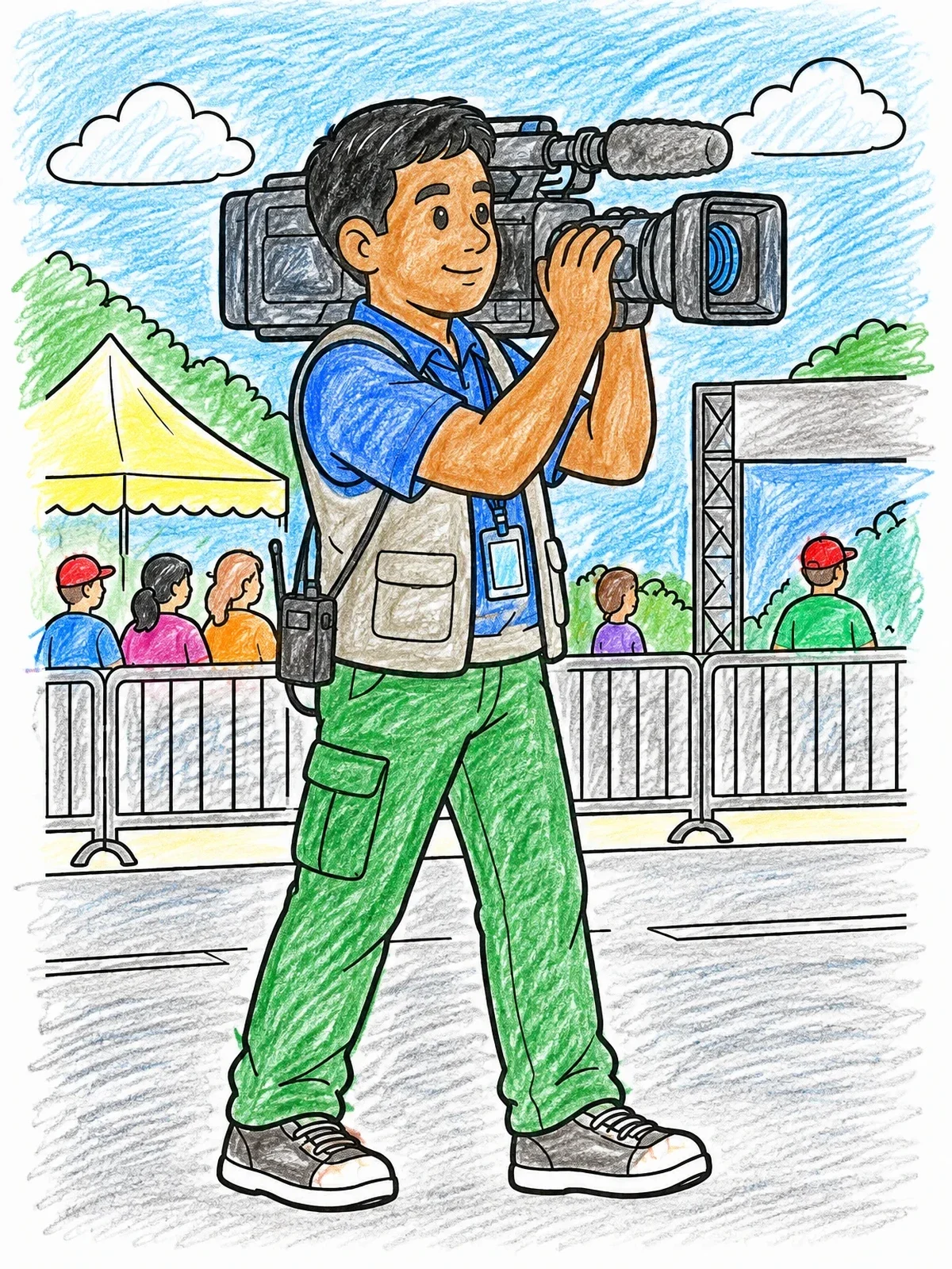 Colored example of the News Cameraman At Outdoor Event coloring page