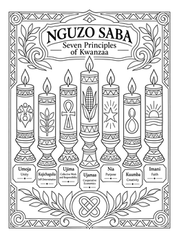 Seven symbolic candles stand decorated with motifs in this detailed kwanza coloring page.