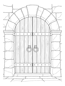 An ancient wooden gate set in stone on this detailed nicodemus coloring page.