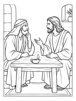 A nicodemus coloring page showing Nicodemus speaking with Jesus at a wooden table by an oil lamp.