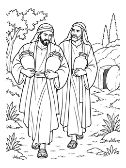 A nicodemus coloring page showing two men carrying heavy jars along a garden path toward a tomb.