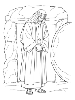 A peaceful nicodemus coloring page showing him standing reverently before the opened stone tomb.