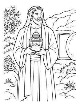 A detailed nicodemus coloring page showing him holding a spice jar before the open tomb.