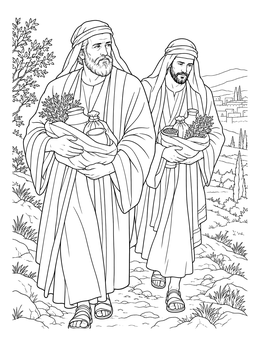 A detailed Nicodemus coloring page showing two biblical men carrying jars and herbs along a mountain trail.