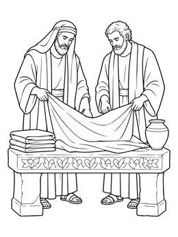 Nicodemus coloring page showing two men preparing linen cloths across a carved stone bench.