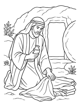 A detailed nicodemus coloring page showing him holding a jar near linen cloths by a tomb.