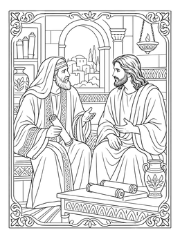 An adult nicodemus coloring page showing Jesus and Nicodemus in deep conversation with scrolls.