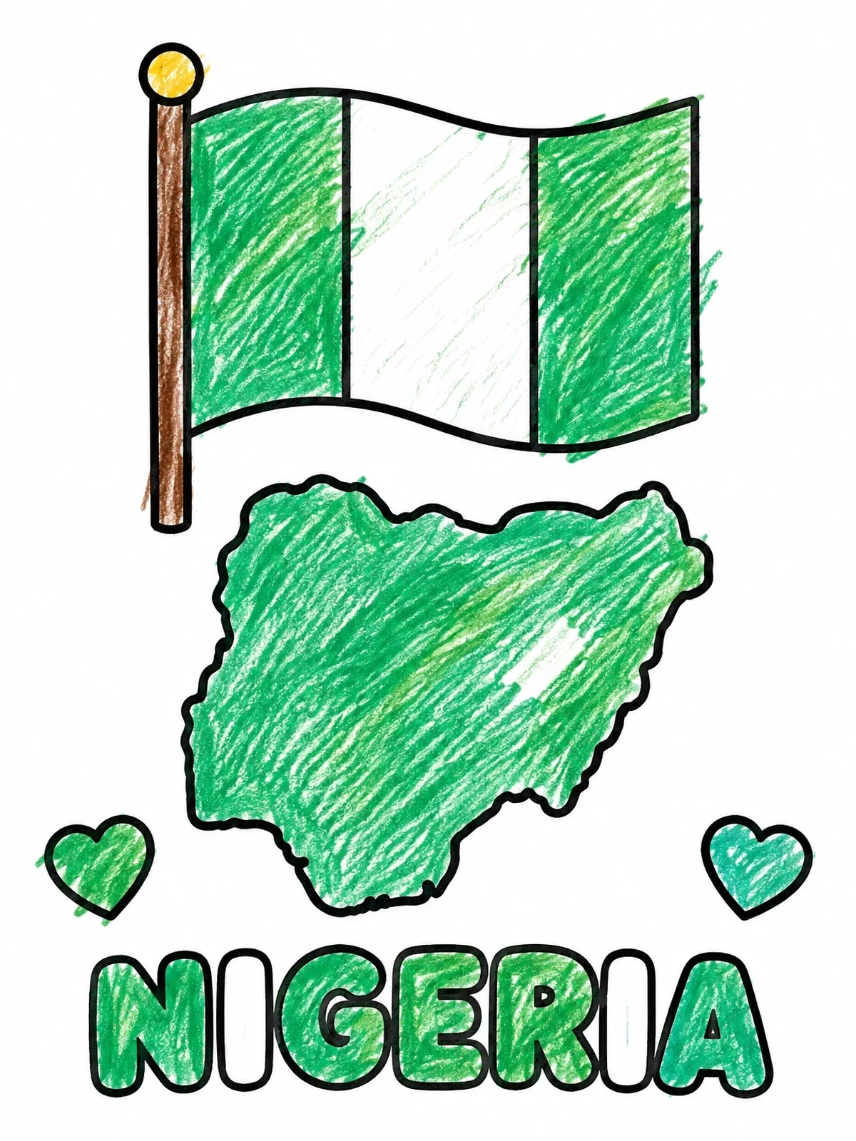 Colored example of the Nigerian Flag And Country Map coloring page