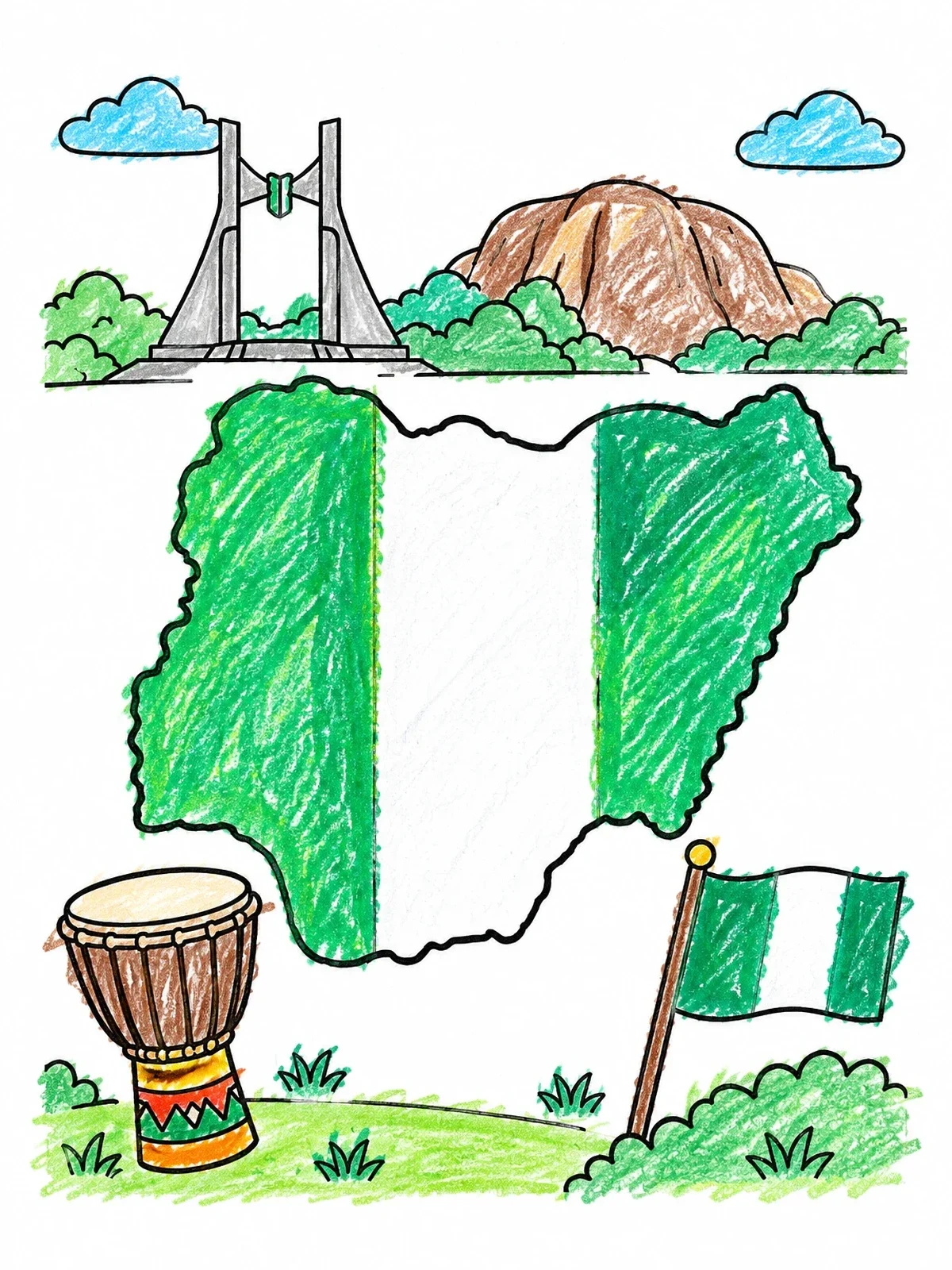 Colored example of the Nigeria Map And Famous Landmarks coloring page