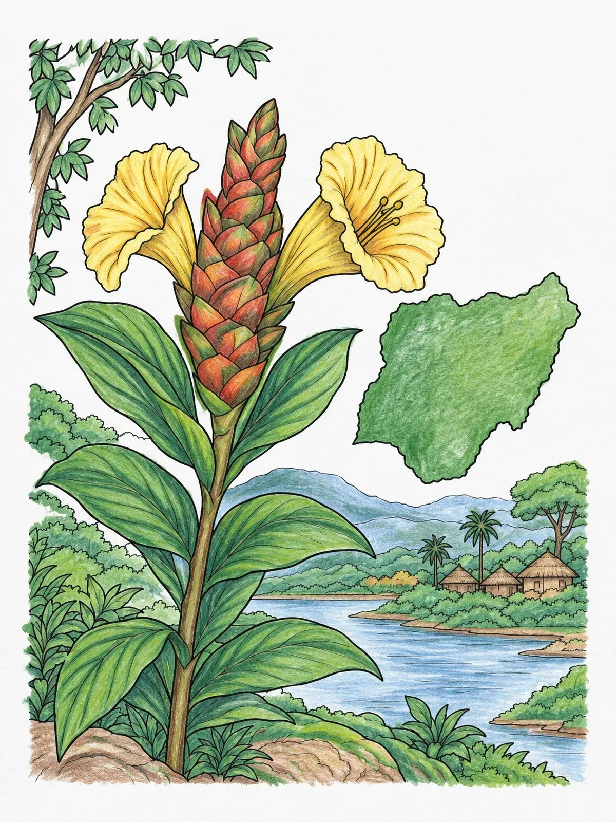 Colored example of the Yellow Trumpet Flower And Nigerian Landscape coloring page