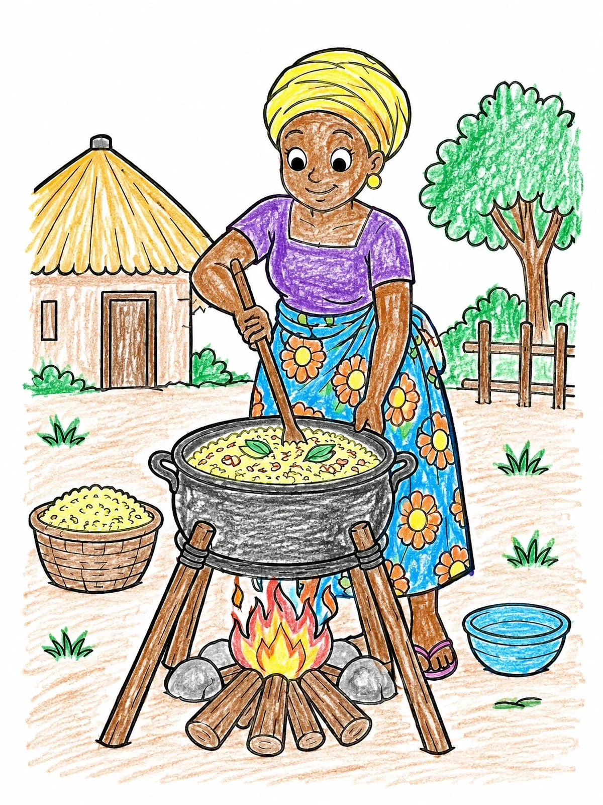 Colored example of the Cooking Outdoors In Nigeria coloring page
