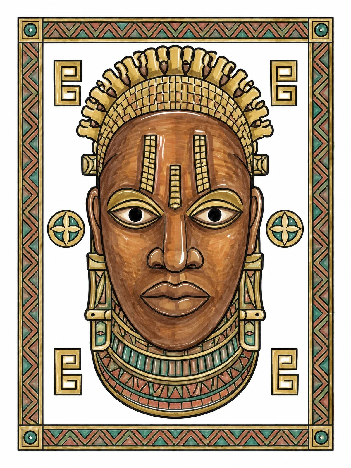 Colored example of the Traditional Benin Bronze Mask coloring page