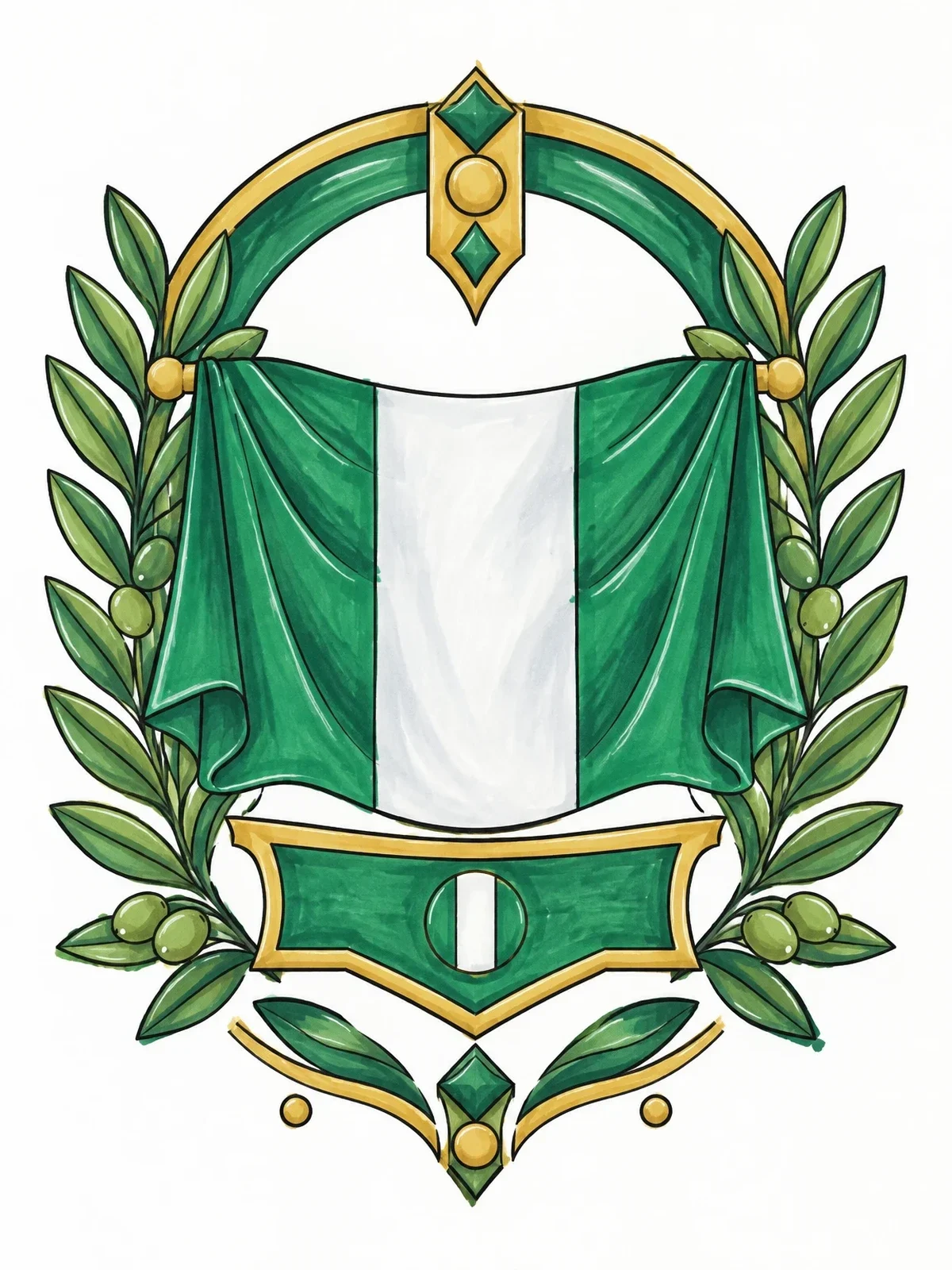 Colored example of the Nigerian Flag Emblem With Foliage coloring page
