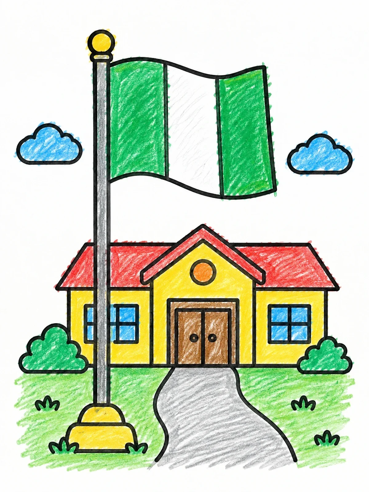 Colored example of the Nigerian Flag Outside A School coloring page