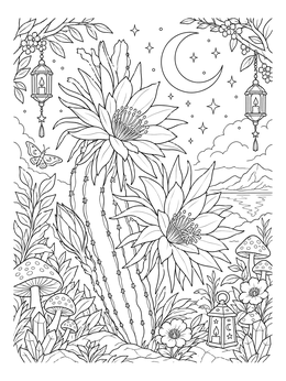 Detailed cactus coloring page featuring night-blooming cereus flowers under stars and a crescent moon.