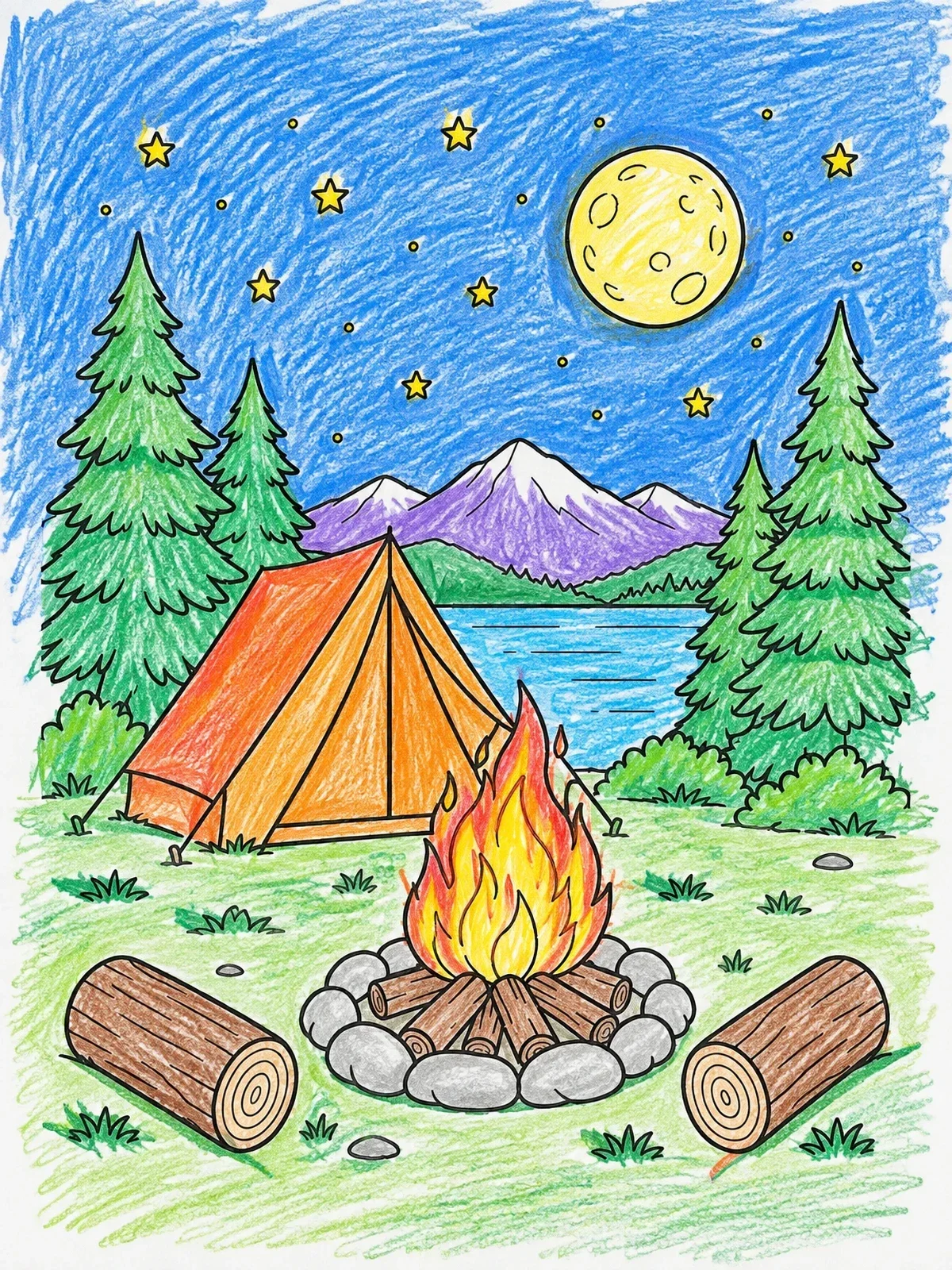 Colored example of the Night Campsite By The Lake coloring page